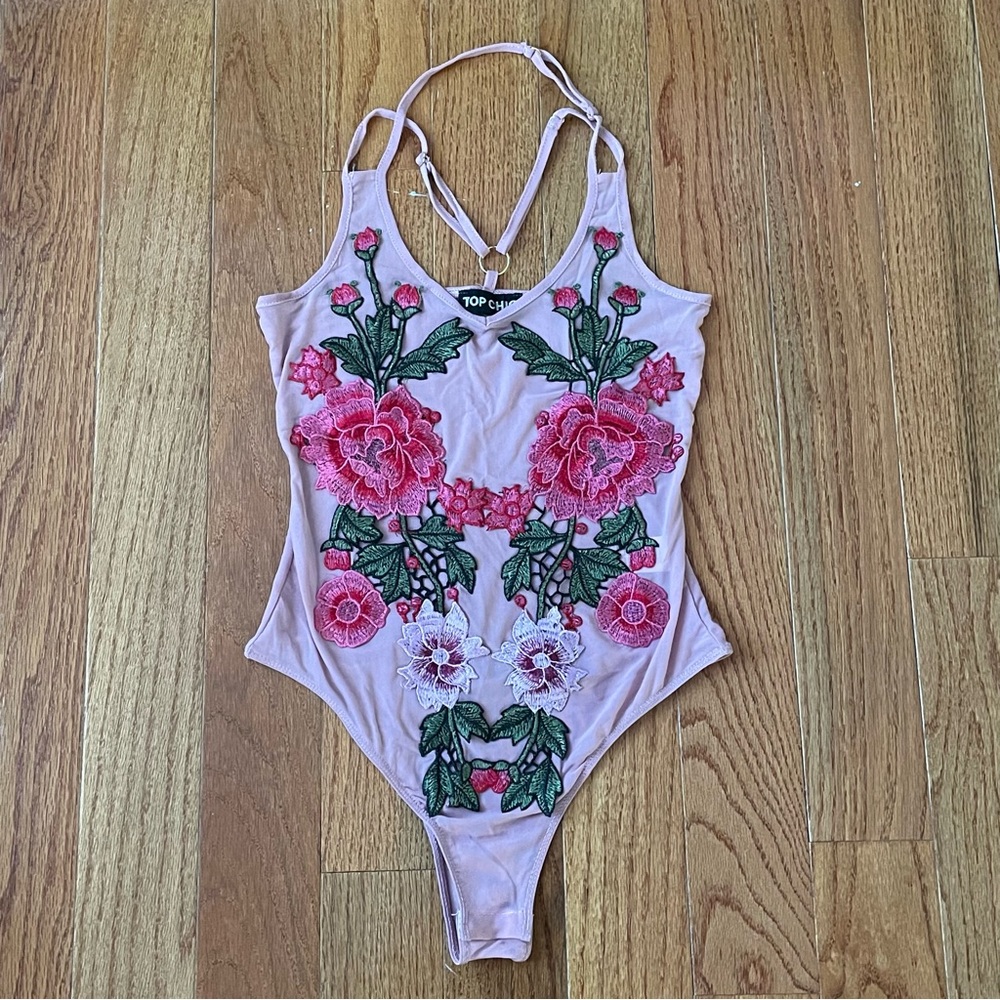 Top Chic Sheer Floral Halter Bodysuit.
